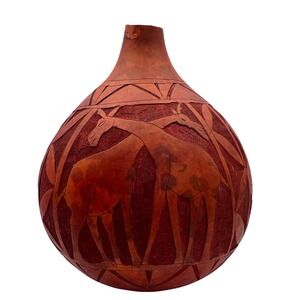 Kenyan Carved Gourd Vase African‎ Animals Giraffe Elephant Home Decor Art